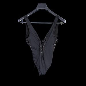 Forplay Black Lace Up One Piece Swimsuit Rose Gold Grommets Bodysuit Medium